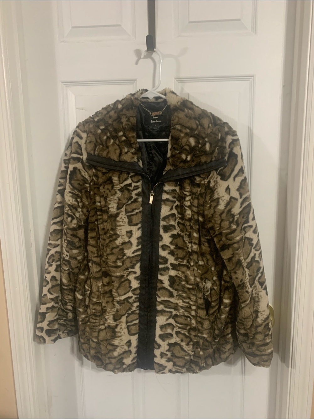 dennis basso Brown and Cream Faux Fur Animal-Print Jacket